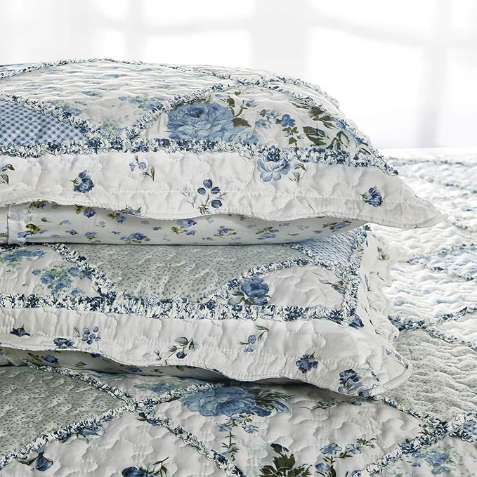 VIVILINEN Blue Floral Patchwork Quilt Set King Size Reversible Quilted Bedding - Image 6