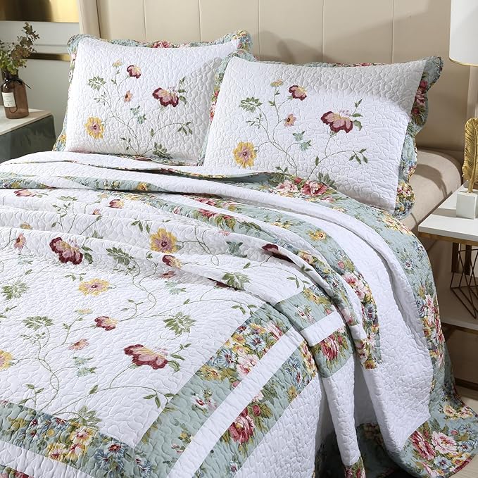 ROOMLIFE Quilt Set Queen Size 3D Floral Embroidery Pattern 3-Piece Cotton - Image 3