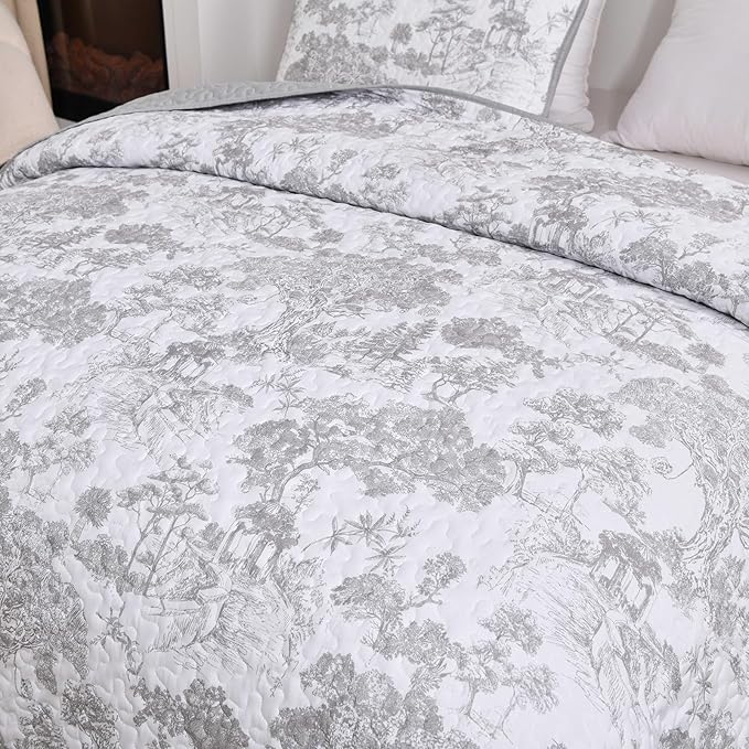 WONGS BEDDING Grey Quilt Set King Size, 3 Pieces Botanical Bedspreads Set - Image 6