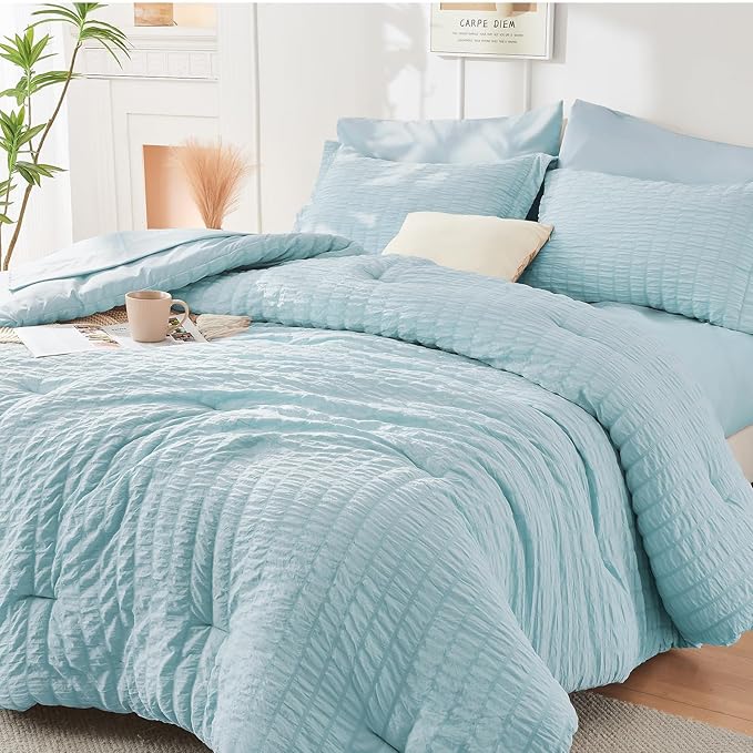 HYMOKEGE Lake Blue Full Size Comforter Sets Seersucker 7 Pieces, All Season by HYMOKEGE