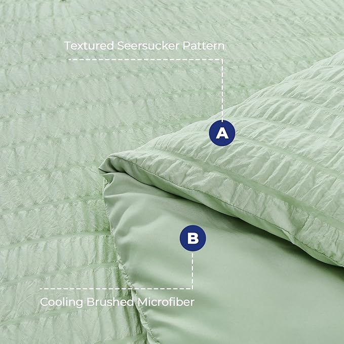 HYMOKEGE Light Green Duvet Cover King Size, Ultra Soft 3-Piece Seersucker Duvet - Image 3