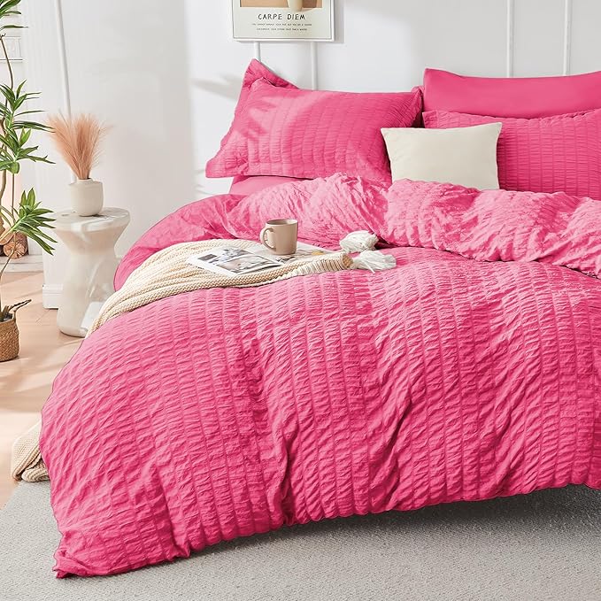 HYMOKEGE Hot Pink Full Size Comforter Sets Seersucker 7 Pieces, All Season - Image 2