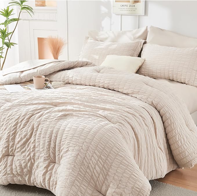 HYMOKEGE Beige Twin Comforter Set Seersucker 5 Pieces, All Season Luxury Bed in by HYMOKEGE
