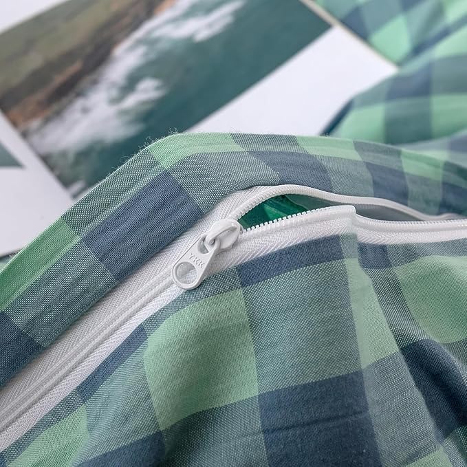 mixinni Green Gingham Grid Duvet Cover Full, 100% Washed Cotton Modern - Image 7