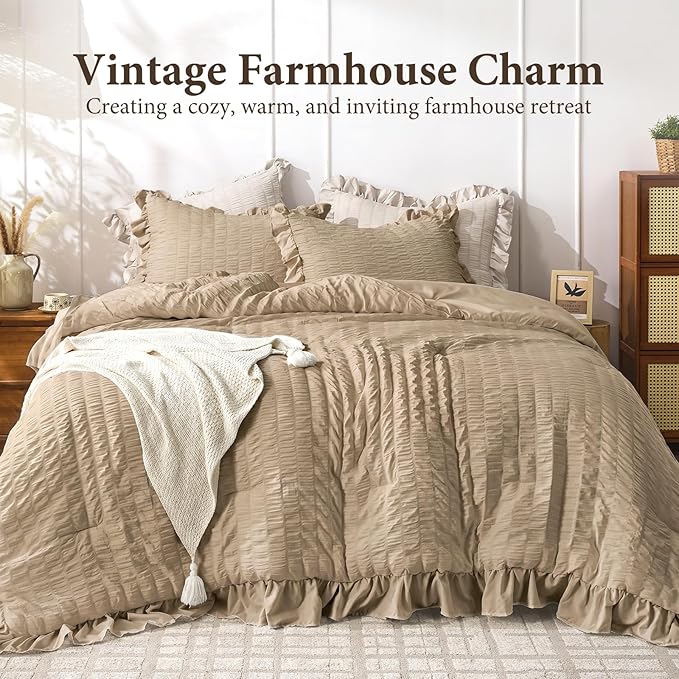 JOLLYVOGUE Twin Size Comforter Set, 2 Pieces Khaki Seersucker Lightweight - Image 2