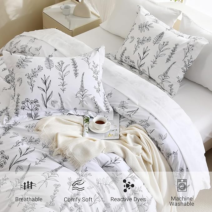 MUXHOMO Duvet Cover Full Size, Reversible Floral White Duvet Cover Set - Image 5