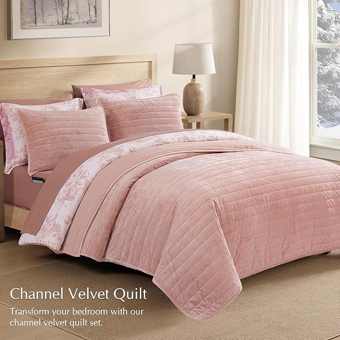 WRENSONGE Velvet King Size Quilt Set-3 Pieces Clay Pink Luxurious Velvet - Image 2