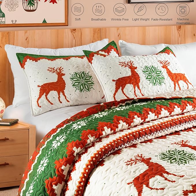 Whale Flotilla Christmas Quilt Twin Size, Soft Boho Floral Bedspreads - Image 2
