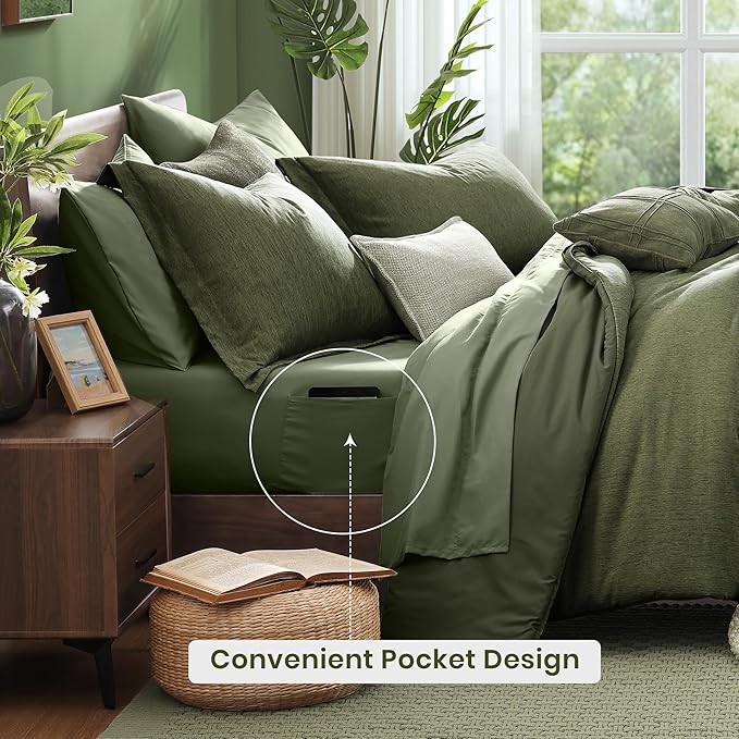 Monbix Twin XL Comforter Set Olive Green, Cationic Dyeing Bedding Set - Image 4