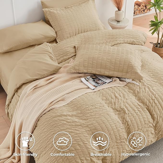 HYMOKEGE Khaki Full Size Comforter Sets Seersucker 7 Pieces, All Season Luxury - Image 3
