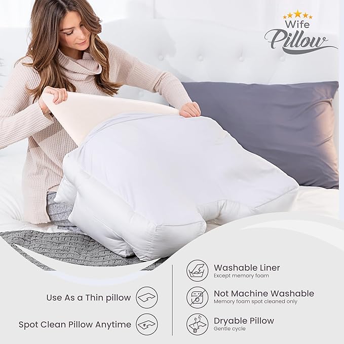 Wife Pillow - Insert, Plush Molded Memory Foam 80D - Can Use As Thin Sleeping Pillow for Stomach Sleeper. Ergonomic Size, Orthopedic Neck U Shaped Cutout: Ulta Soft High-Density Layer Support