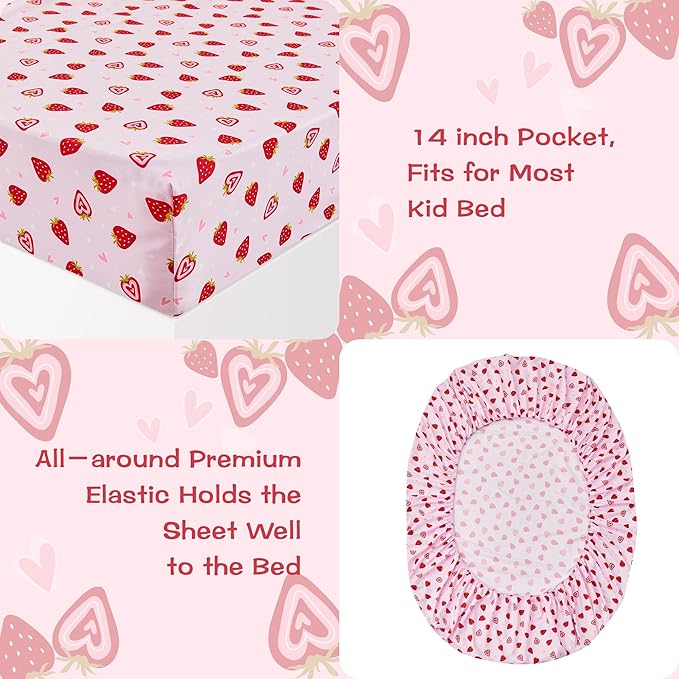 lasoftan Pink Strawberry Printed Kids Sheet Set Twin Size, Bed Sheets - Image 5