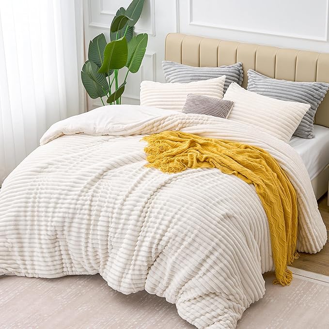 BEDELITE Fleece King Comforter Set -Super Soft & Warm Fluffy Cream White Bedding - Image 7