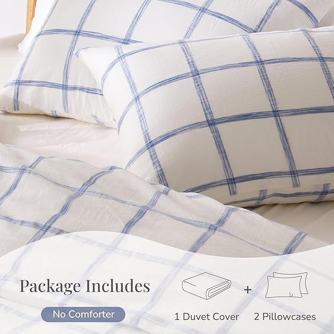 Blue Plaid Duvet Cover King, 100% Soft Washed Cotton King Size Duvet Cover Set - Image 4