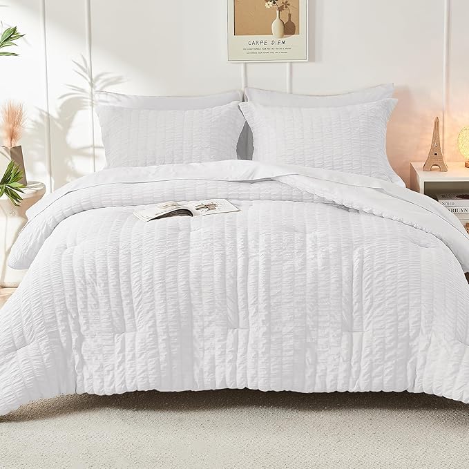 HYMOKEGE White Full Size Comforter Sets Seersucker 7 Pieces, All Season Luxury - Image 8