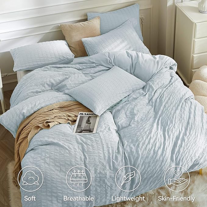 JELLYMONI Baby Blue Duvet Cover Full Size, Soft Breathable Seersucker Duvet - Image 2