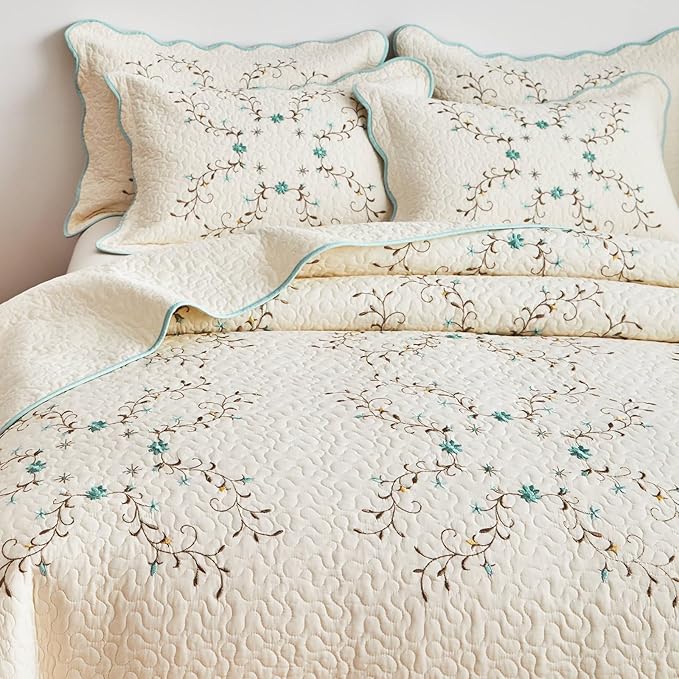 ROOMLIFE Quilt Set Queen Size 3D Floral Embroidery Pattern 3-Piece Cotton - Image 2