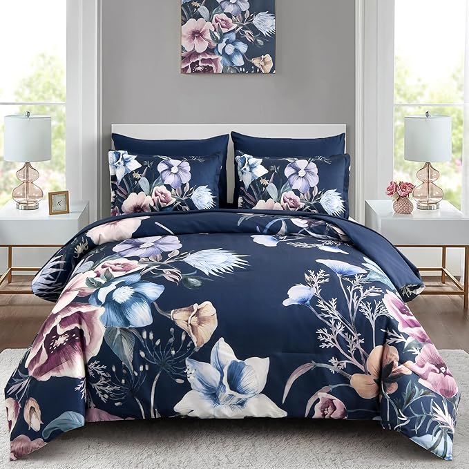 Luxudecor Floral Comforter Set Queen Size 7 Piece, Elegant Floral Comforter by Luxudecor