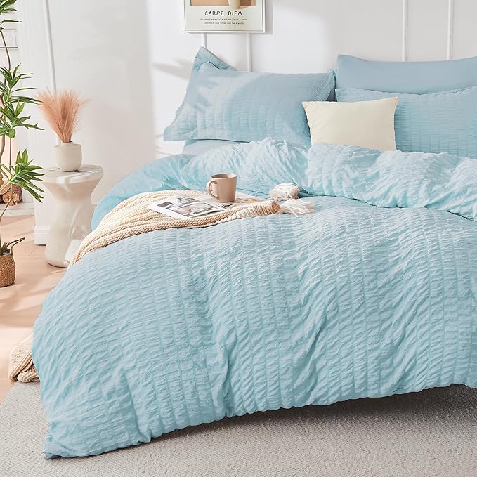 HYMOKEGE Lake Blue Full Size Comforter Sets Seersucker 7 Pieces, All Season - Image 2