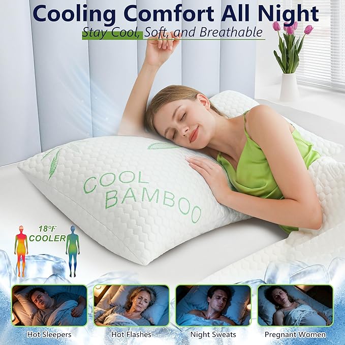 Cooling Pillows, Shredded Memory Foam Pillows Standard Size Set of 2 Adjustable - Image 2