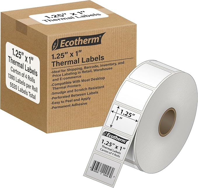 1.25" x 1" Thermal Labels | 4 Rolls | 5520 Labels | fits Zebra, Godex, Arkscan, iDPRT, Offnova Thermal Label Printers and More | Blank White Adhesive Stickers by Ecotherm-DeskoryOffice