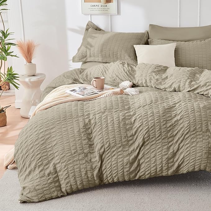 HYMOKEGE Linen California King Comforter Set Seersucker 7 Pieces, All Season - Image 2