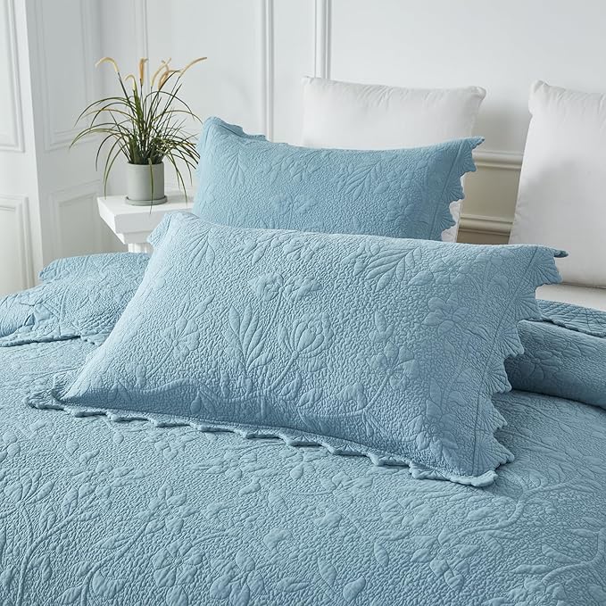 Brandream Luxury 100% Cotton Quilt Set King Size Blue Floral Vine Matelasse - Image 5
