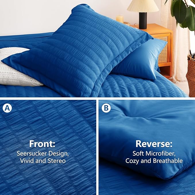 CozyLux Queen Comforter Set Classic Blue Seersucker 7 Pieces Bed in a Bag Queen - Image 4