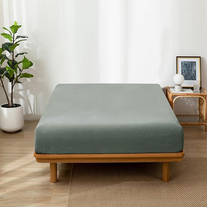 MooMee Fitted Bottom Sheet Only 100% Washed Cotton Linen Like Textured Breathable Durable Soft Comfy Deep Pocket Fits Mattress up to 17" (Heathered Green, Twin)