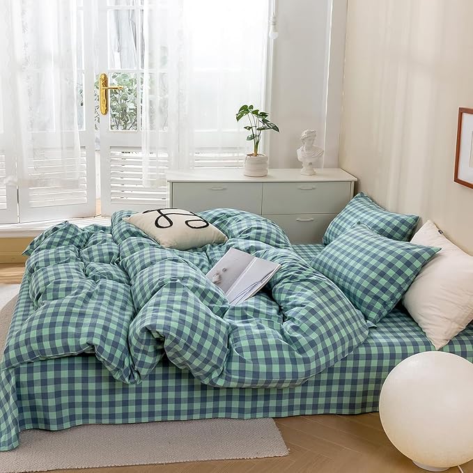 mixinni Green Gingham Grid Duvet Cover Queen, 100% Washed Cotton Modern - Image 3