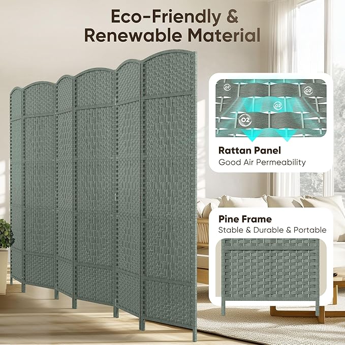 JOSTYLE Room Divider 6 Panel Divider Wall, 6ft Tall Divider for Room Separation, Folding Privacy Screen Panel, Portable Wooden Room Divider Panel, Freestanding Partition Screen, Grey