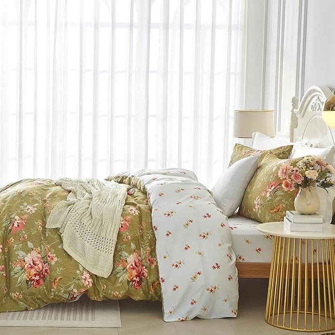 mixinni Duvet Cover Full Size, Long Staple Cotton Reversible Green Floral Duvet - Image 3