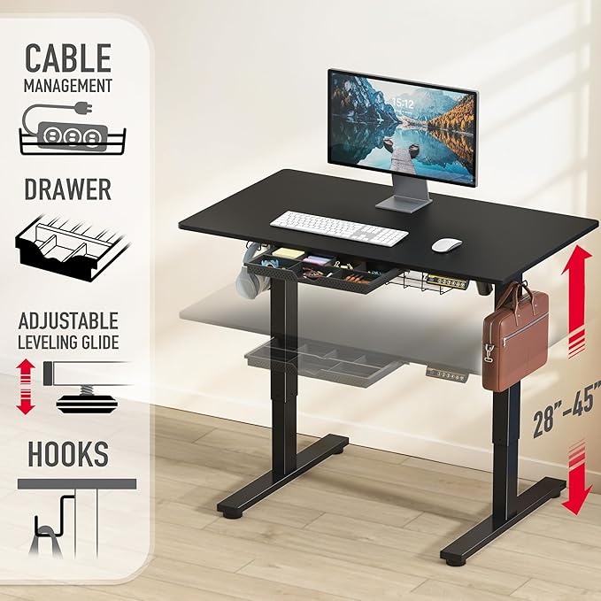 SHW 40-Inch Electric Height Adjustable Standing Desk with Drawer, Memory Preset and Cable Management Tray, Black-DeskoryOffice
