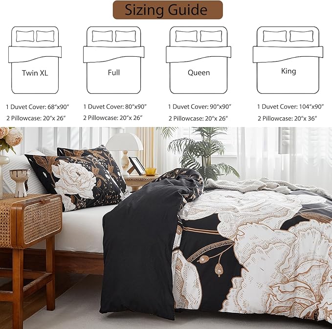 mixinni Floral Duvet Cover Queen Size, 3 Pieces White Flowers and Gold Leaves - Image 4