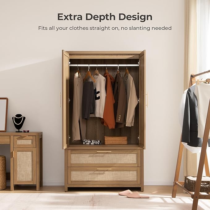 SICOTAS Rattan Armoire Wardrobe Closet Cabinet, 71" Tall Wardrobe Storage Cabinet with 2 Drawers and Hanging Rod, Boho Large-Capacity Deep Armoire Clothes Organizer for Bedroom, Cloak Room, Oak