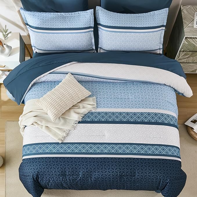 WONGS BEDDING Navy Blue Queen Comforter Set 7 Pieces, Boho Striped Bed in a Bag - Image 3