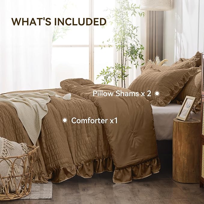 JOLLYVOGUE Queen Comforter Set, 3 Pieces Oak Brown Seersucker Comforters Queen - Image 5