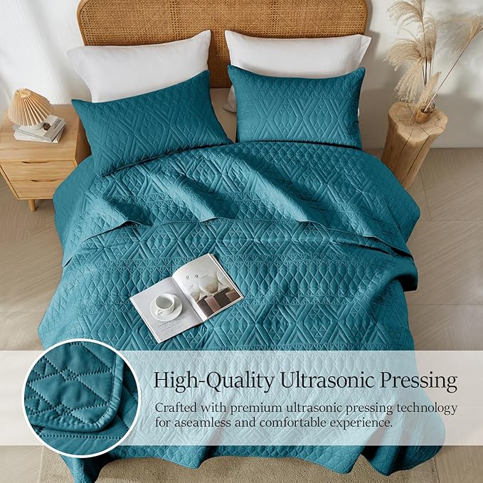 akkialla King/Cal King Quilt Set, Teal Lightweight Microfiber Bedspread Coverlet - Image 3