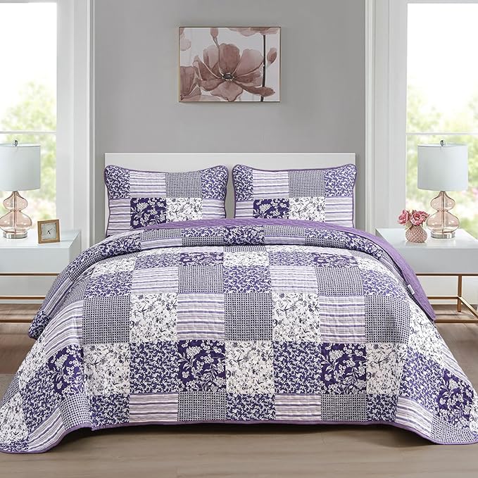 Mybedsoul Purple Quilt Set California King Size, 3 Pieces Boho Plaid Floral by Mybedsoul