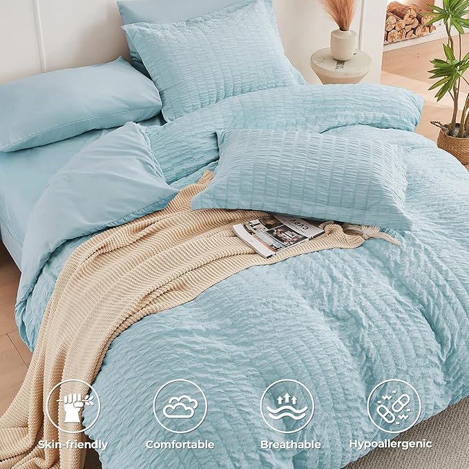 HYMOKEGE Lake Blue California King Comforter Set Seersucker 7 Pieces, All - Image 3