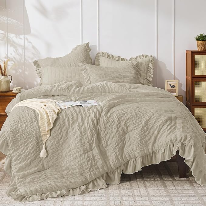 JOLLYVOGUE Full Size Comforter, 3 Pieces Linen Seersucker Lightweight Full Size by JOLLYVOGUE
