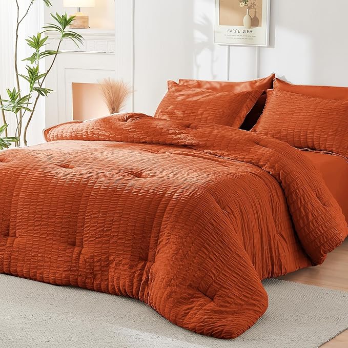 HYMOKEGE Burnt Orange California King Comforter Set Seersucker 7 Pieces - Image 7