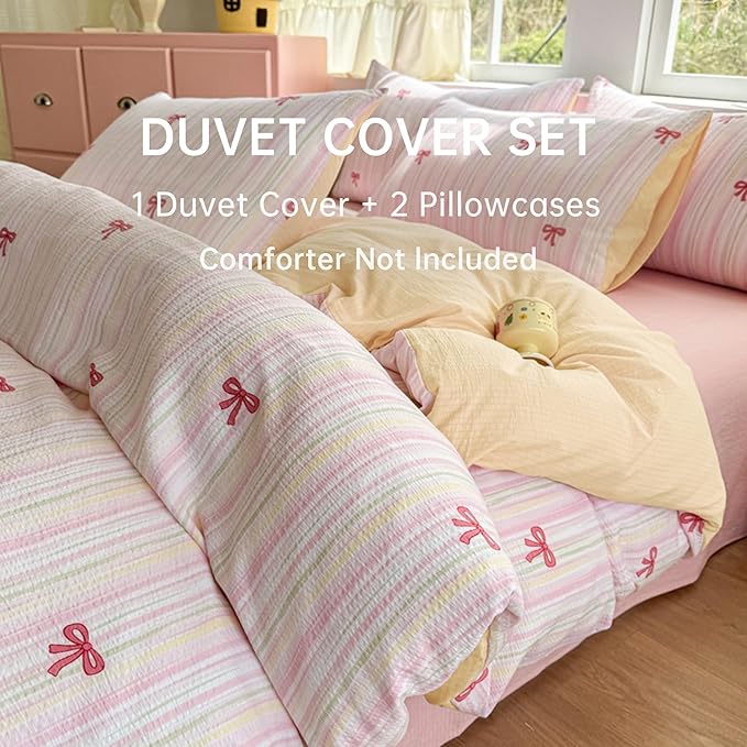 BOLINLIVING Pink Bow Duvet Cover King Size, Girls Cute Striped Bowknot Yellow - Image 6