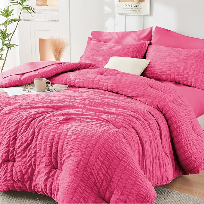 HYMOKEGE Hot Pink Twin Comforter Set Seersucker 5 Pieces, All Season Luxury Bed by HYMOKEGE