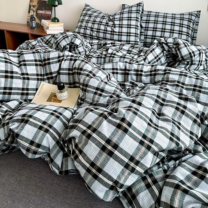 mixinni Vintage Grey & Pale Blue Buffalo Plaid Duvet Cover Set Queen Size - Image 7