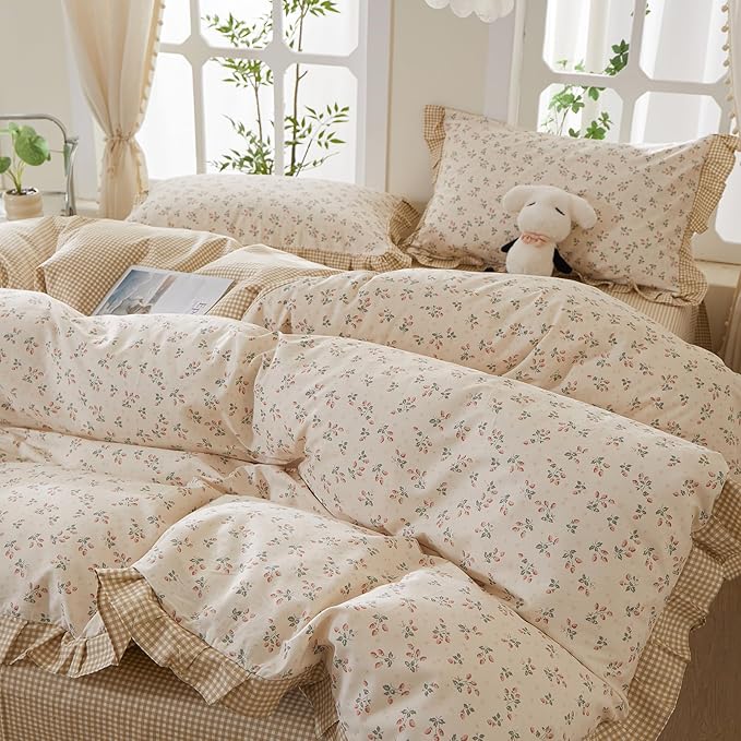 mixinni Beige Floral Duvet Cover King Size, 100% Cotton Cute Strawberry Floral - Image 2