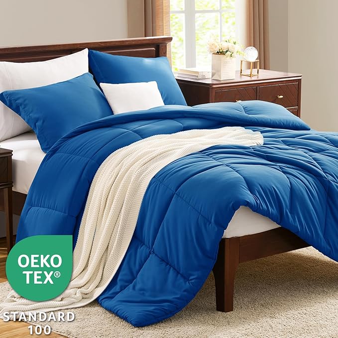 CozyLux Oversized King Comforter Set, 3 Pieces Classic Blue 120x98 Box Stitched - Image 3