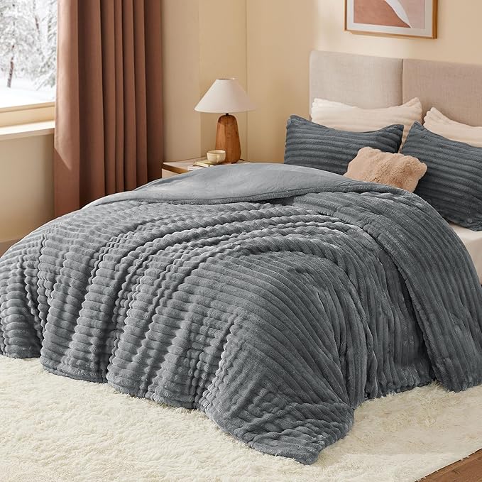 BEDELITE Fleece Full Comforter Set -Super Soft & Warm Grey Bedding, Luxury - Image 2