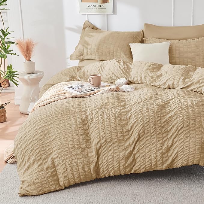 HYMOKEGE Khaki Twin Comforter Set Seersucker 5 Pieces, All Season Luxury Bed in - Image 2
