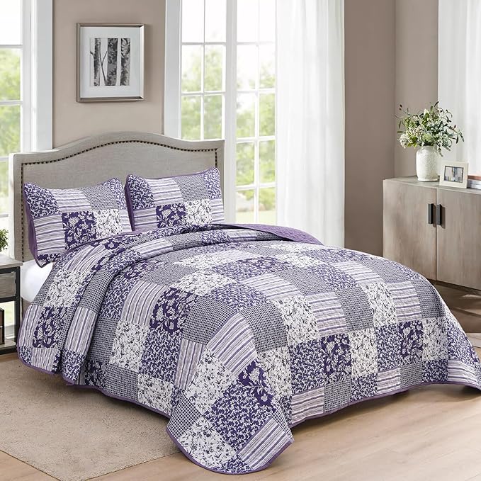 Mybedsoul Purple Quilt Set King Size Quilt Bedding Set Brown Plaid, 3 Pieces - Image 2